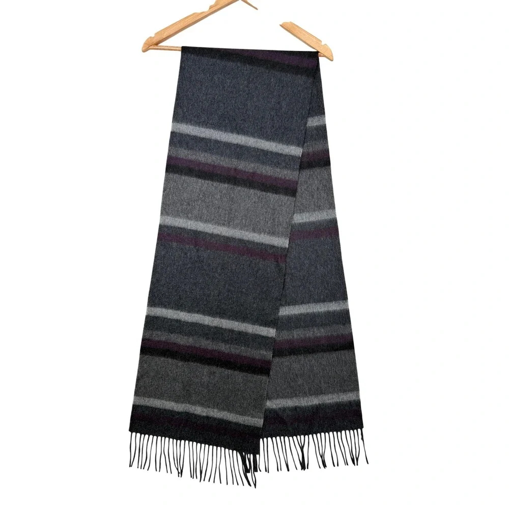 Nordstrom Lambswool Scarf Mens Gray Purple Striped Fringe Winter 78
